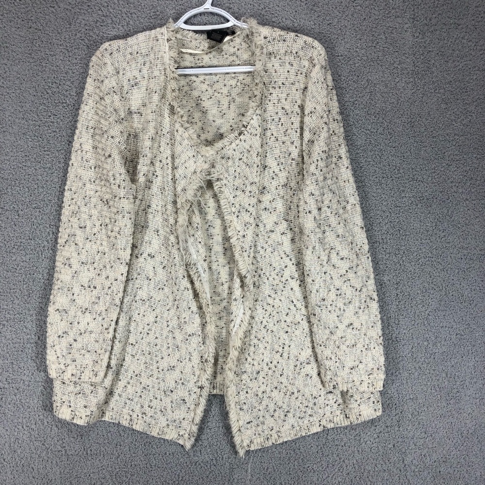 Textured Open Front Fringe Cardigan Size L Neutral Cozy Layer